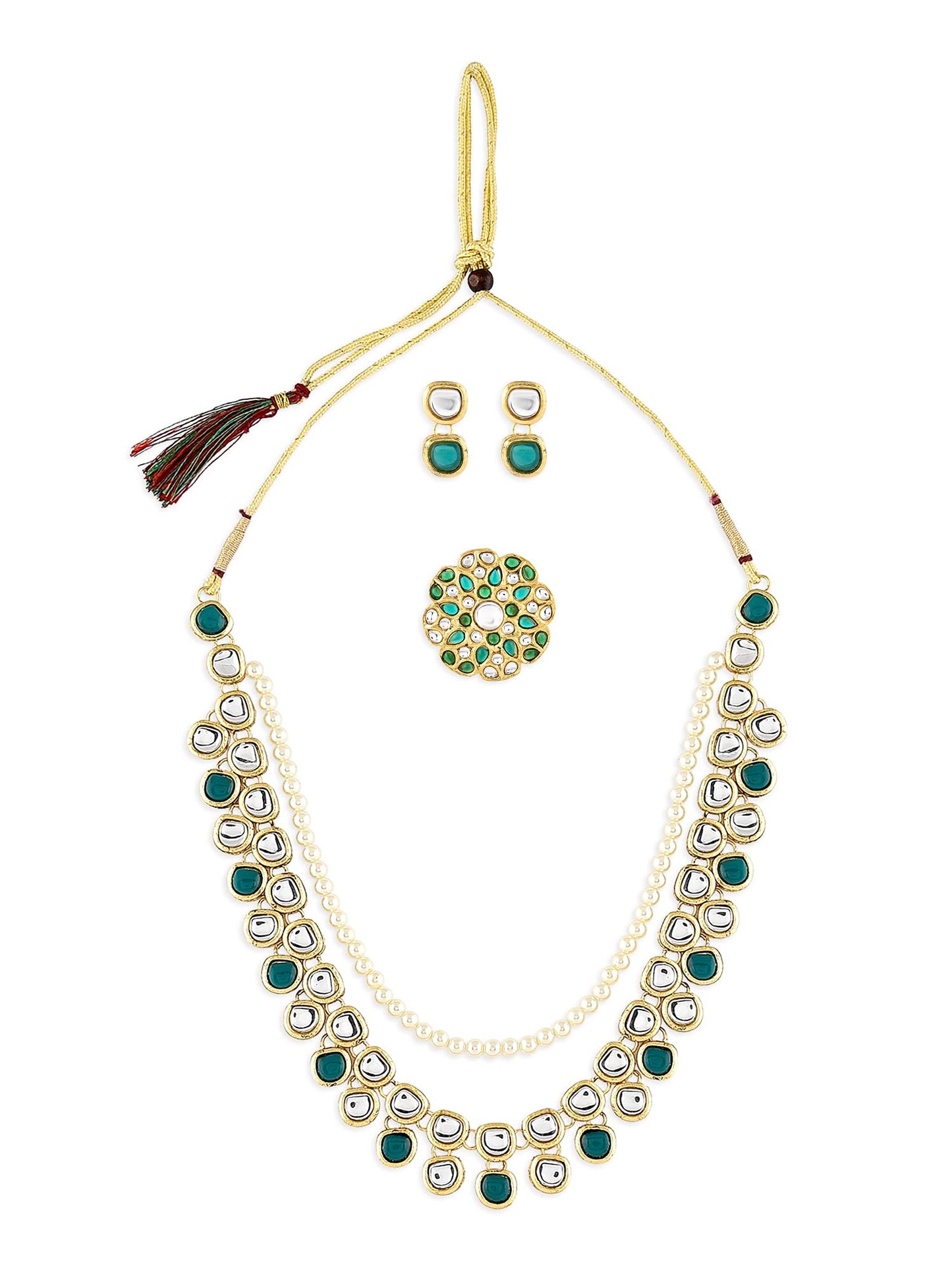 Zaveri Pearls Green Kundan Multi Layers Necklace Earring & Ring Set For Women-ZPFK10778