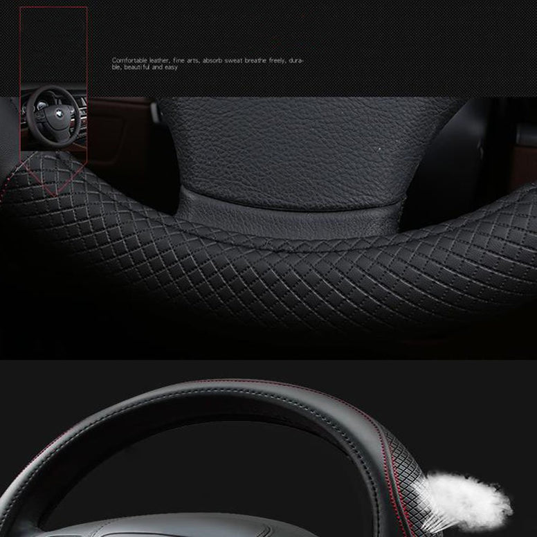 SHIAWASENA Genuine Leather Universal 15in Fit Anti-Slip & Odour-Free Car Steering Wheel Cover (Black)