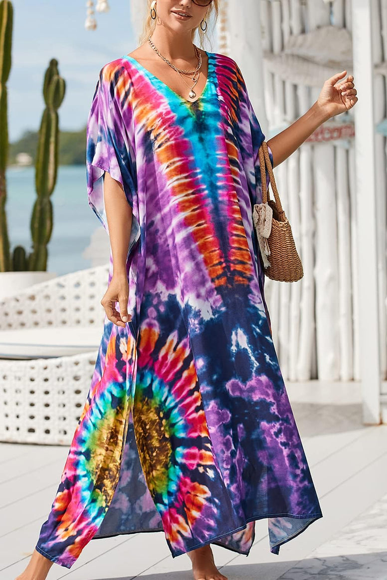 YouKD Maxi Dress V-Neck Kaftan Boho Robes Beach Cover-ups Dress Roomy Gowns for Women