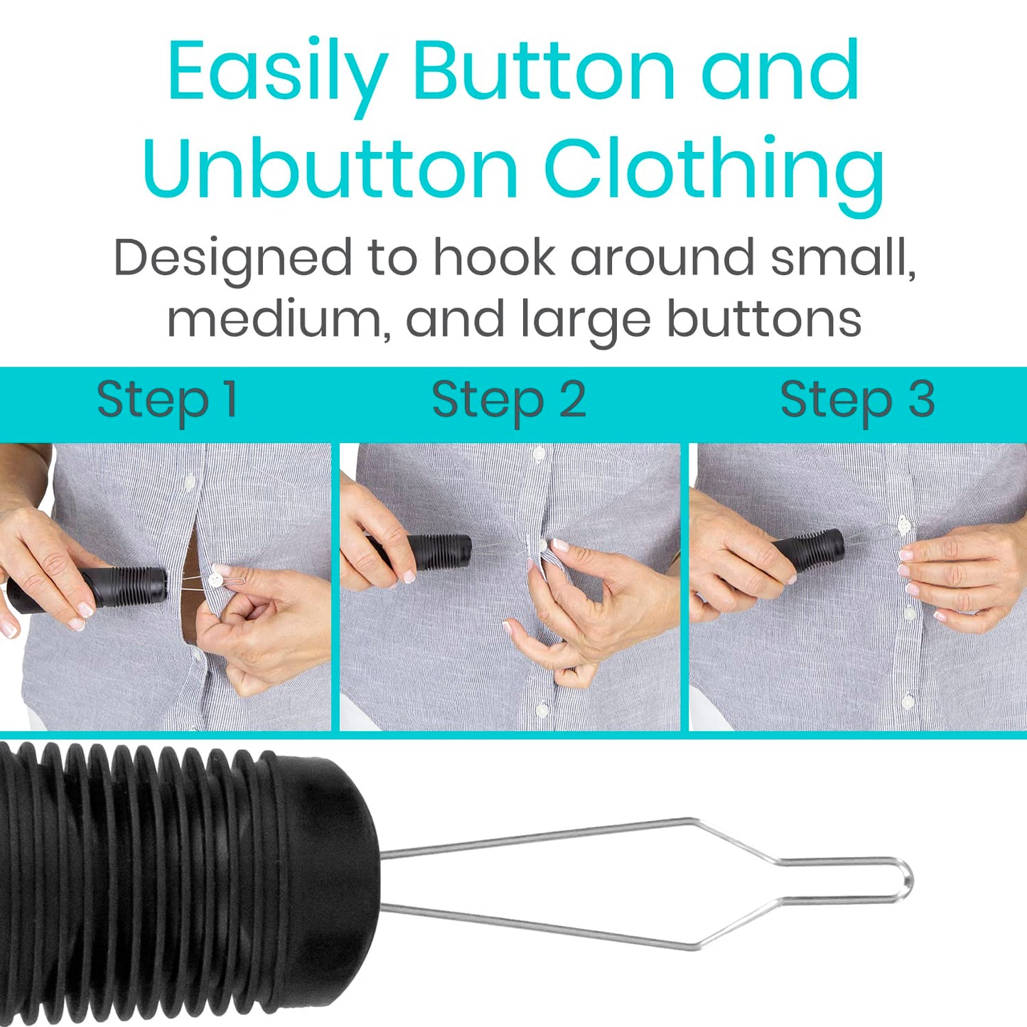 Vive Button Hook Zipper Pull Helper Dressing Aid Assist Device Tool For Arthritis Independent Living Wide Handle Grip Shirt Dress Clothes Pant Coat Snap Buttoner Dexterity Gripper Puller