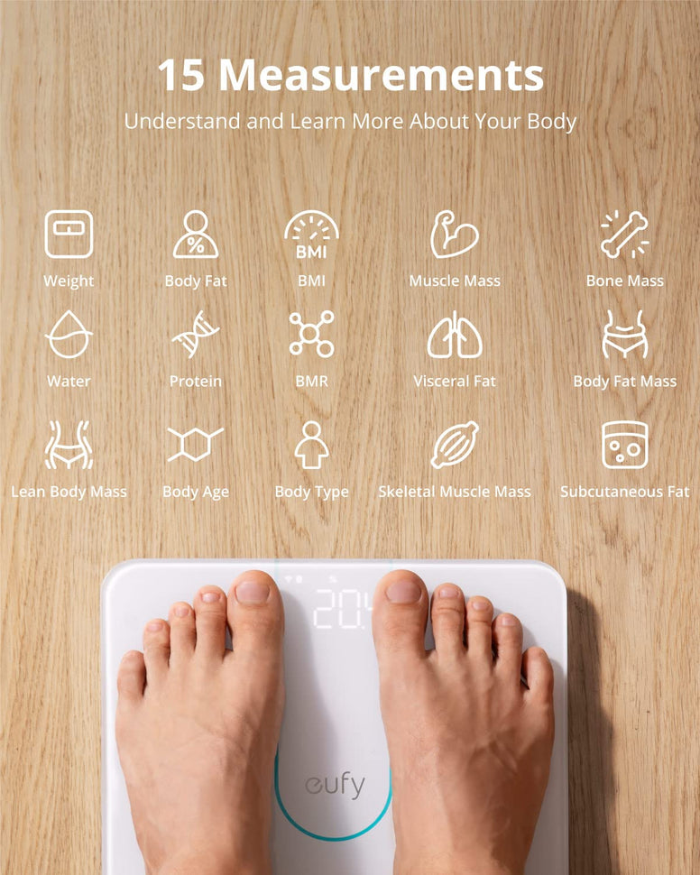 eufy Smart Scale P2, Digital Bathroom Weight Scale with Wi-Fi, Bluetooth Weighing Scale, 15 Measurements Including Weight, Body Fat, BMI, Muscle & Bone Mass, 3D Virtual Body Mod, 50 g/0.1 lb, IPX5