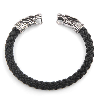 BAVIPOWER Handcrafted Fenrir Wolf Head Torc Bangle Bracelet ♦ Flexible ♦ Genuine Leather ♦ Stainless Steel ♦ Norse Scandinavian Bracelet ♦ Authentic Viking Men Bracelet, Metal