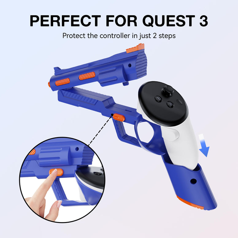 APEXINNO VR G-un Stock Cover for Meta Quest 3 Controllers Accessories, Hard Controller Grips for Oculus Quest 3 Controllers Enhanced FPS Games Reality Holding Feels, Handle Shell Case Protector(Blue)