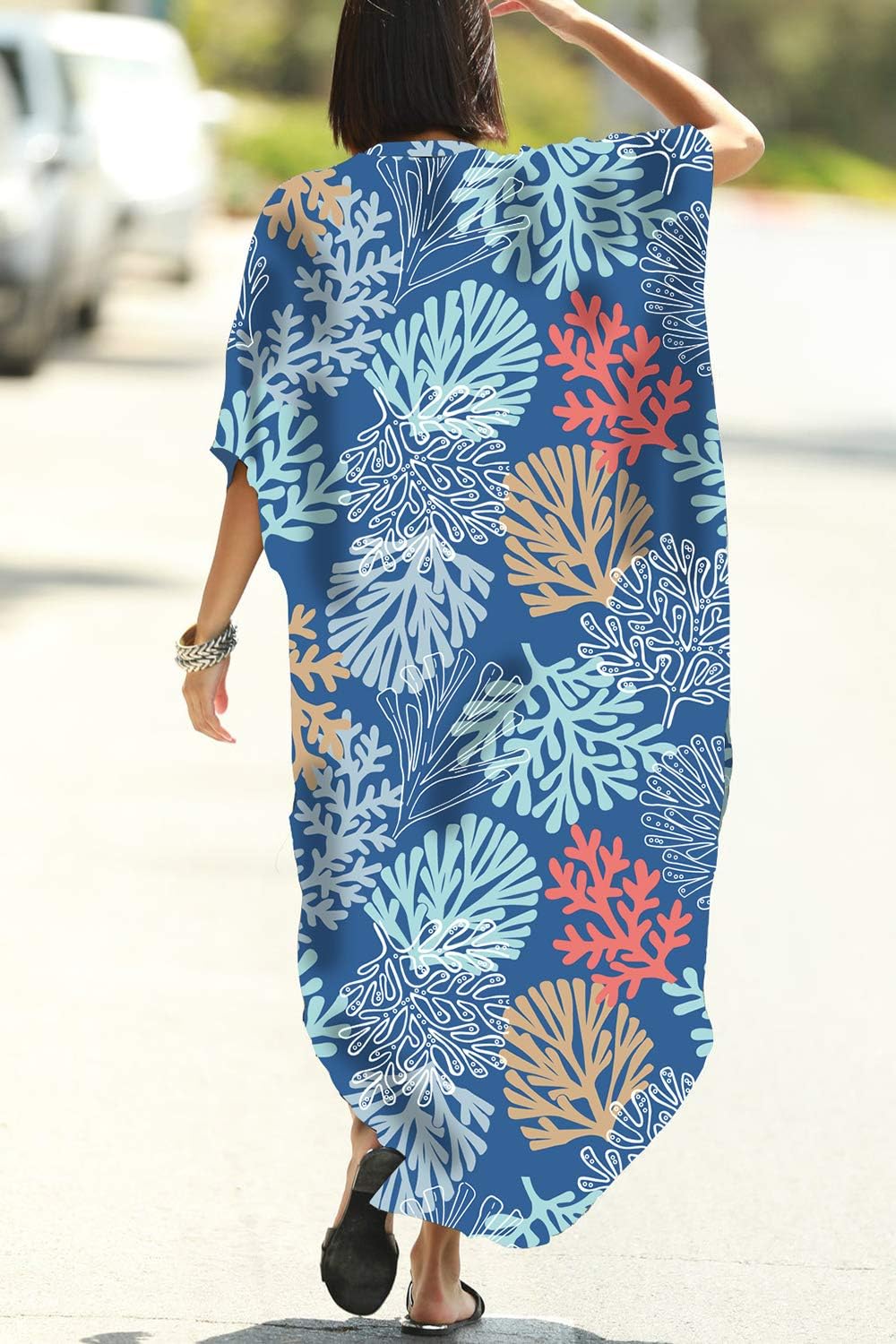 YouKD Summer Floral Loose Caftan Boho Beach Bikini Cover Up Dress Plus Size Robe for Women