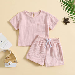 Toddler Baby Boy Girl Cotton Linen Outfit Short Sleeve T-Shirt Tops Elastic Shorts Set 2Pcs Casual Summer Clothes (0-6 Months)