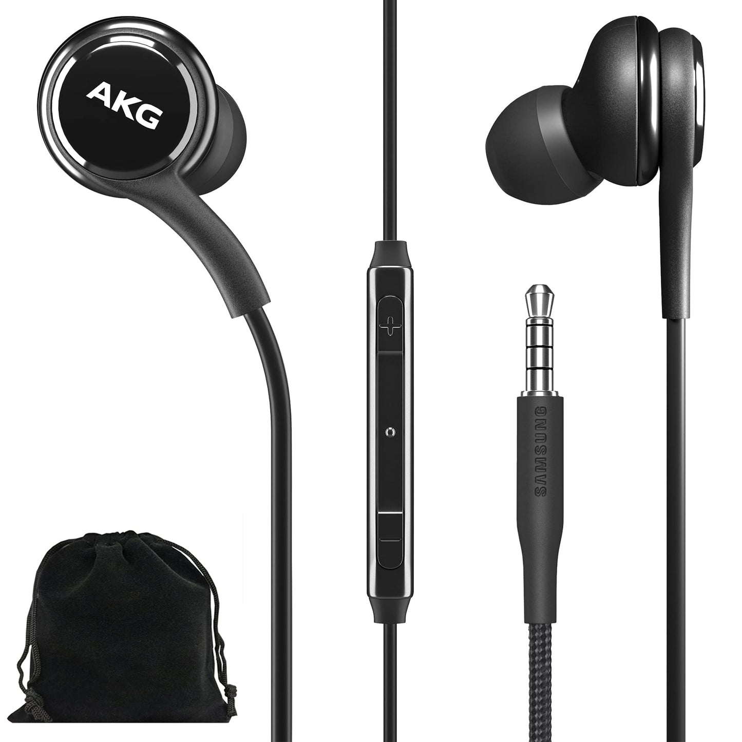Samsung AKG Earbuds Original 3.5mm in-Ear Headphones with Remote & Mic for Galaxy A71, A31, Galaxy S10, S10e, Note 10, Note 10+, S10 Plus, S9 - Braided, Includes Velvet Carrying Pouch - Black