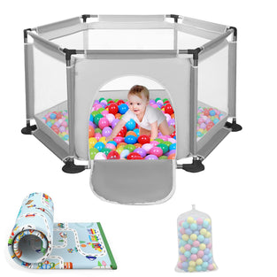 Baby Playpen, 6 Panel Portable Anti-Slip Safety Play Yard with Round Zipper Door, Play mat, and 20 Balls, Indoor & Outdoor Kids Activity Centre Play Fence for Baby Toddlers Infant