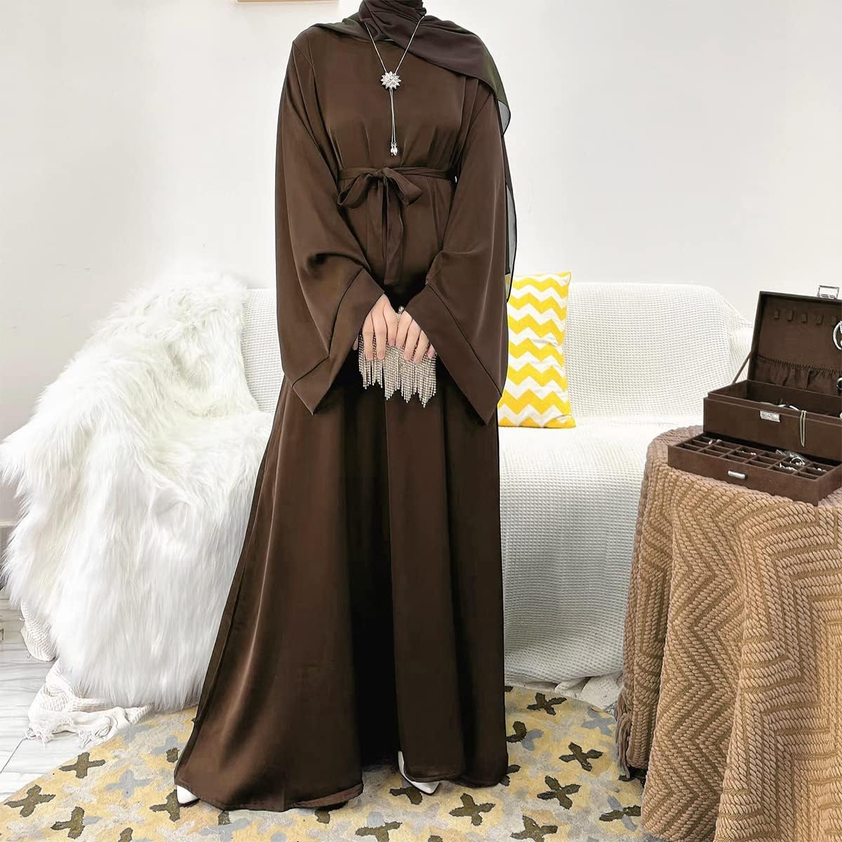 IMEKIS Women Muslim Abaya Long Sleeve Maxi Dress Loose Full Cover East Arabian Robe Dubai Islamic Dubai Prayer Clothes