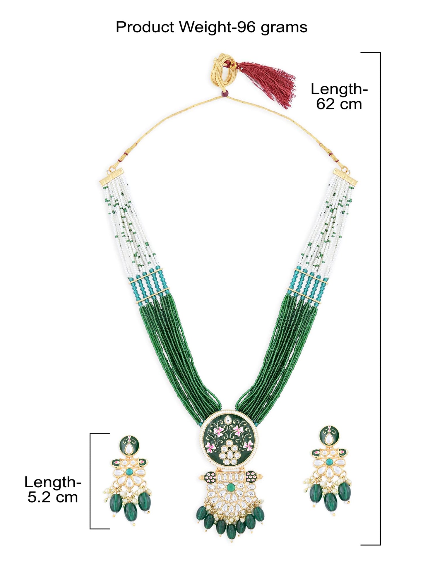 Zaveri Pearls Green Pink Meenakari Multistrand Beaded Long Kundan Necklace Earring & Ring Set For Women-ZPFK15624