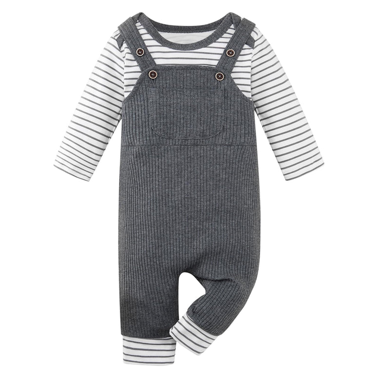 Baby Boy Clothes Newborn Boy Outfit Infant Boy Stripe Romper Overall Pants Set with Pocket 0-3M