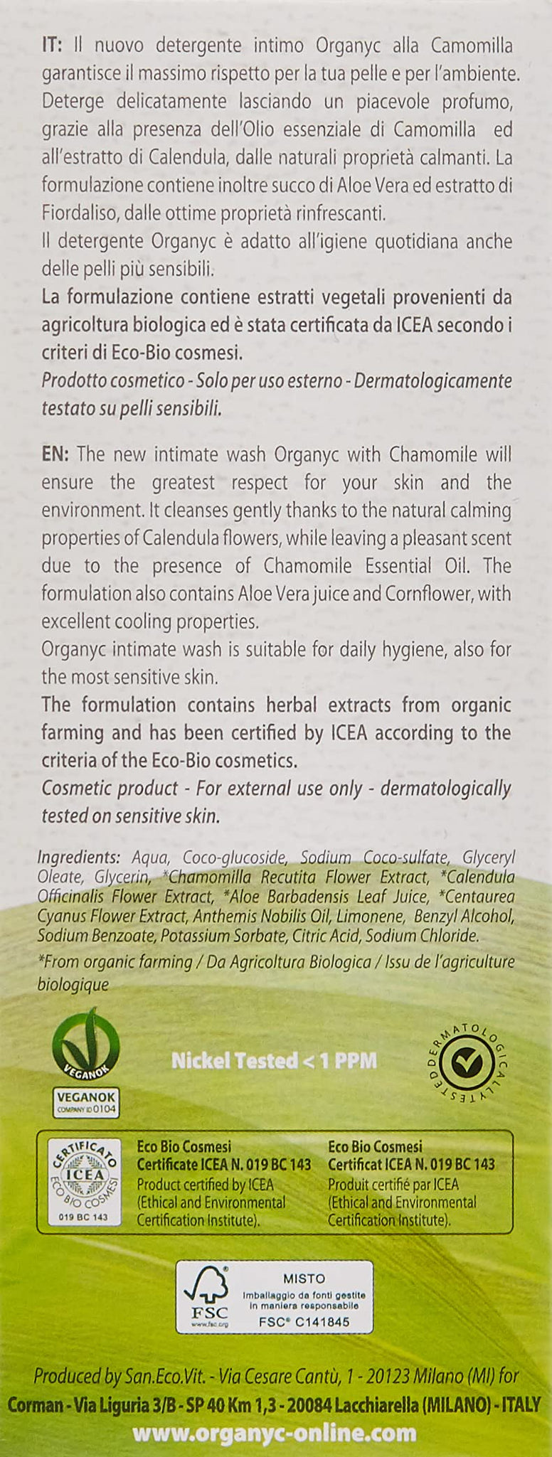 Organyc Intimate Wash With Chamomile Essential Oil & Extracts - 8.5 oz