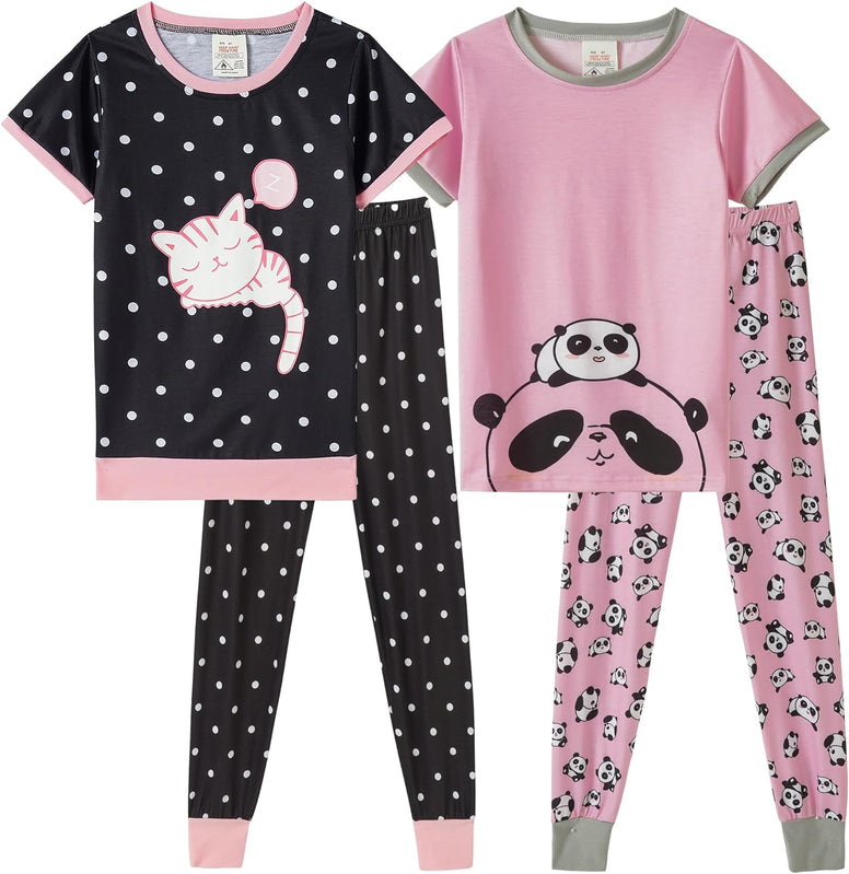 MyFav Babies, Toddlers and Girls' 4-Piece Snug Fit Cotton Pajama Set, Print Short Sleeve Loungewear