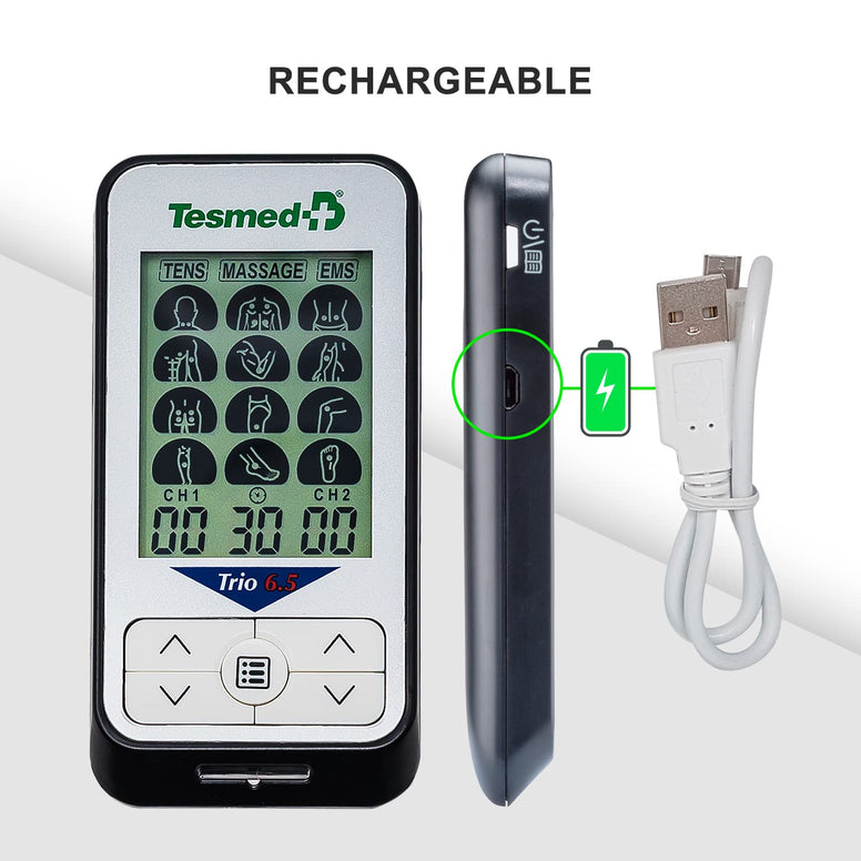 TESMED Trio 6.5: Rechargeable Muscle Stimulator Machine with TENS, EMS, and Massage Programs. Offers TENS for pain relief, EMS for muscle stimulation. 36 Pre-set Programs