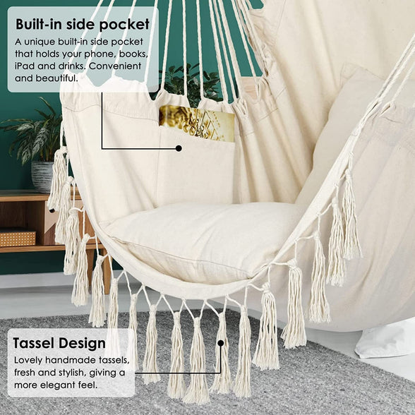 Hammock Chair Hanging Rope Swing, Max 330 Lbs, 2 Cushions Included, Large Macrame Hanging Chair with Pocket, Cotton Weave for Superior Comfort, Durability (Beige)
