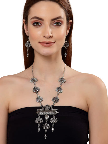 Shining Diva Fashion Latest Stylish Traditional Oxidised Silver Necklace Jewellery Set for Women (13160s)