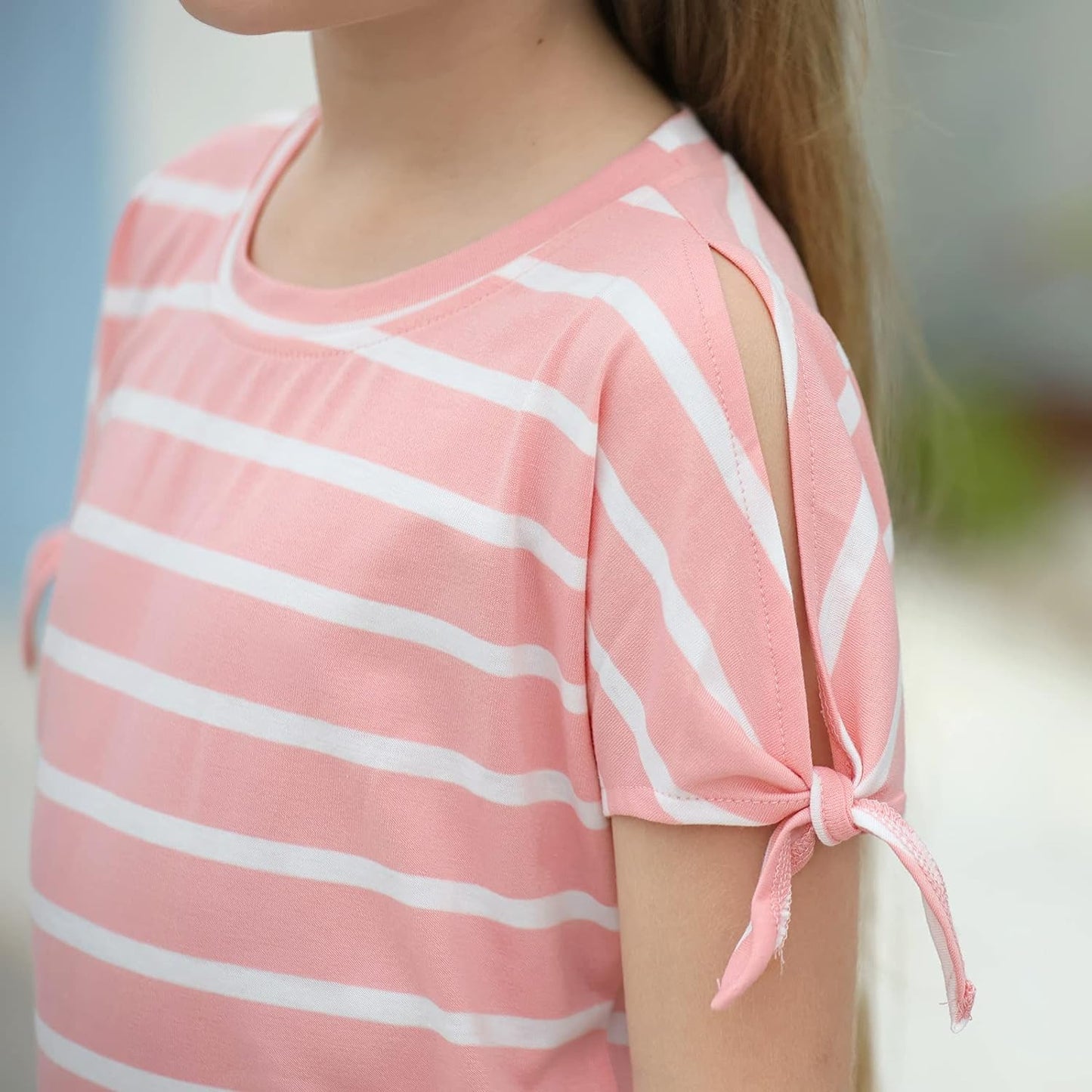 GORLYA Girl's Cut Slit Sleeve Tie knot Cuff Stripe Tunic T-shirt Casual Pullover Top for 4-14T Kids