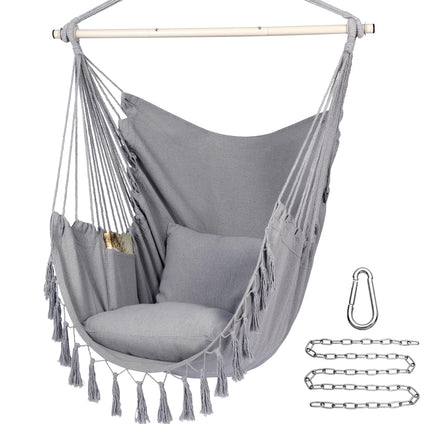 Y- STOP Hammock Chair Hanging Rope Swing, Max 330 Lbs, 2 Cushions Included-Large Macrame Hanging Chair with Pocket for Superior Comfort,Durability (Light Grey)