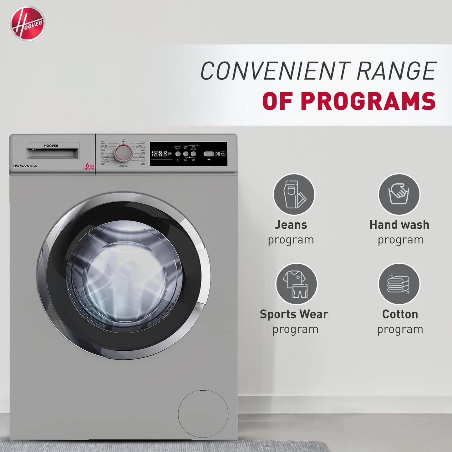 Hoover Hoover 6 Kg Front Load Fully Automatic Washing Machine, 1000 Rpm 15 Programs, Electronic Control System, Easy To Operate Clothes Washer, Made In Turkey, HWM-V610-S (Silver)