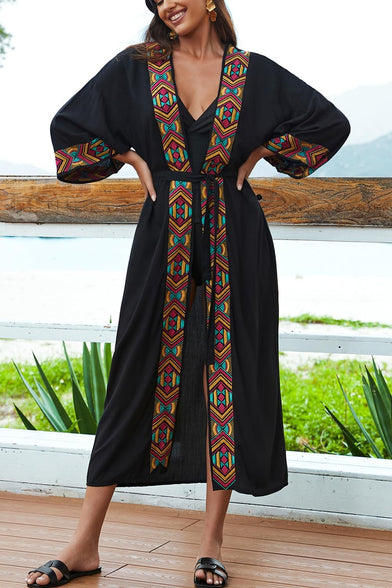 YouKD Embroidered Kaftan Dress Boho Beach Bikini Cover Up Robe Plus Size Loungewear for Women