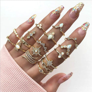 Yellow Chimes 17 PCs Combo Boho Vintage Style Gold Plated Knuckle Rings Set for Women and Girls