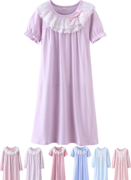 ABALACOCO Girls Kids Princess Lace Nightgown Long Sleeve Cotton Sleepwear Dress Pretty V-neck Loose Homewear