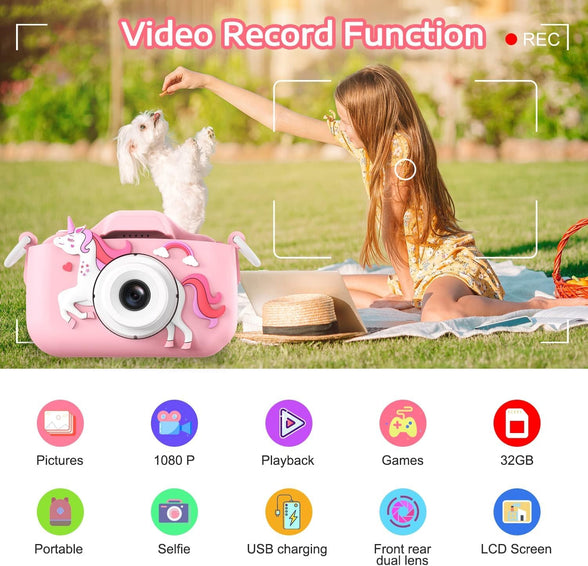ZONEY Kids Camera, ZONEY Children Digital Camera, 40MP 1080P HD Digital Video Camera with Cute Silicone Cover, Rechargable Video Recorder with 32G SD Card, Game Camera for Boys Girls Gift (Pink)