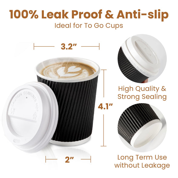 Fit Meal Prep [50 Pack] Disposable Hot Cups with Lids - 8 oz Black Double Wall Insulated Ripple Sleeves Coffee Cups with White Dome Lid - Kraft Paper Cup for To Go Chocolate, Tea, and Cocoa Drinks