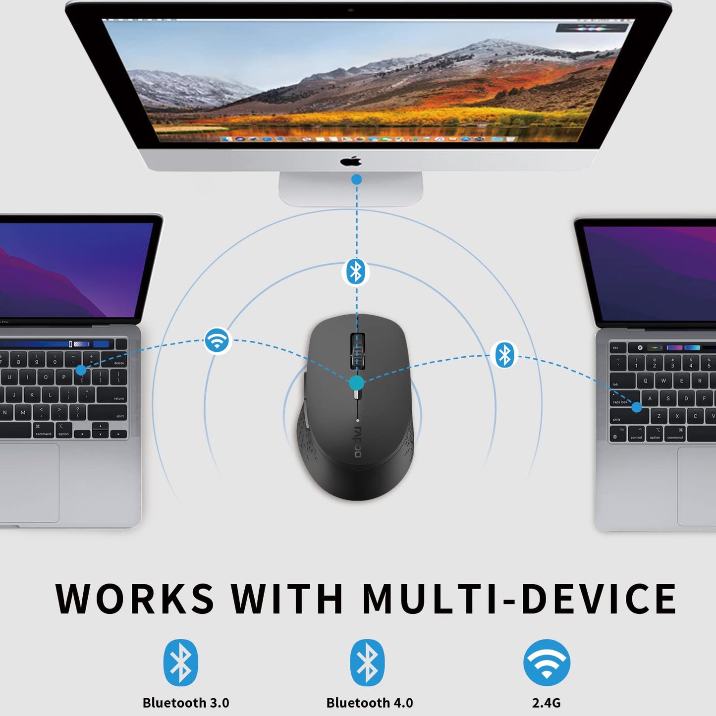 Rapoo Multi-Device Bluetooth Mouse, Silent Wireless Mice, 4 Adjustable DPI, Support up to 3 Devices, Portable Optical Mice with Ergonomic Design, for Laptop Windows PC Tablet, Matte Black