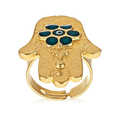 Alwan Gold Plated Adjustable Ring with Fatima's Hand for Good Luck for Women - EE1190