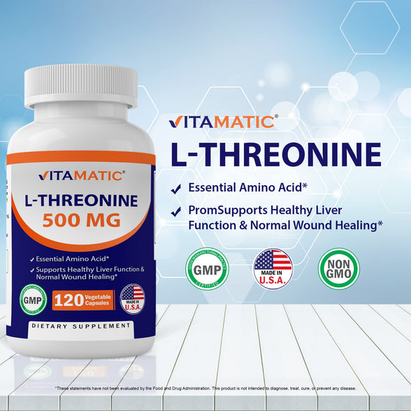 Vitamatic L-Threonine 500 mg 120 Vegetable Capsules - Promotes Healthy Liver, Cardiovascular & Structural Function