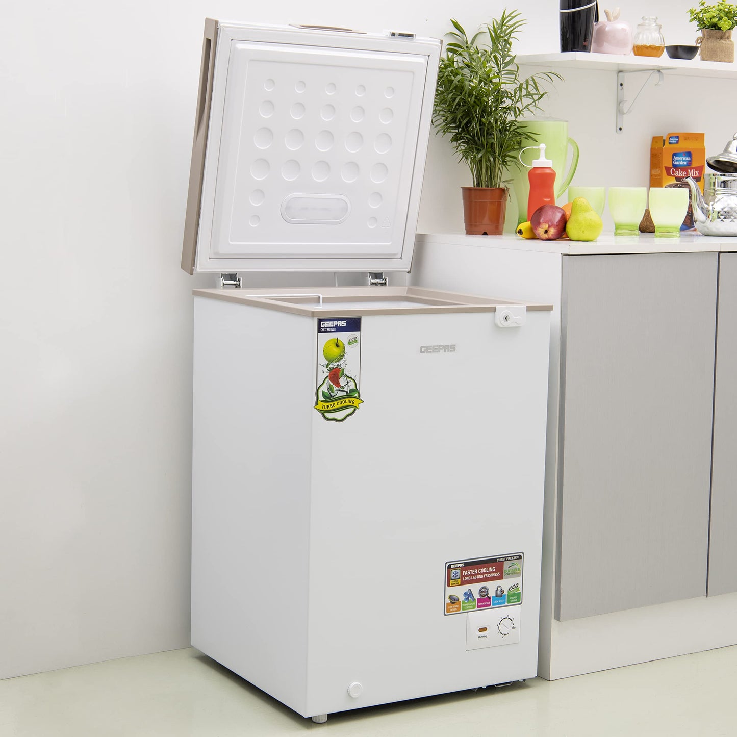 Geepas Freestanding Chest Freezer, | Deep Freezer with Adjustable Thermostat | 1pc Food Basket Included | LED Light | Comes with Lock & Key