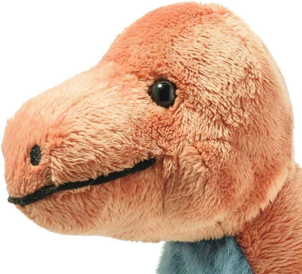 Steiff 087837 Original Bronko Brontosaurus Soft Cuddly Friends Cuddly Toy Approx. 28 cm, Branded Plush with Button in Ear, Cuddly Friend for Babies from Birth, Dark Orange and Petrol