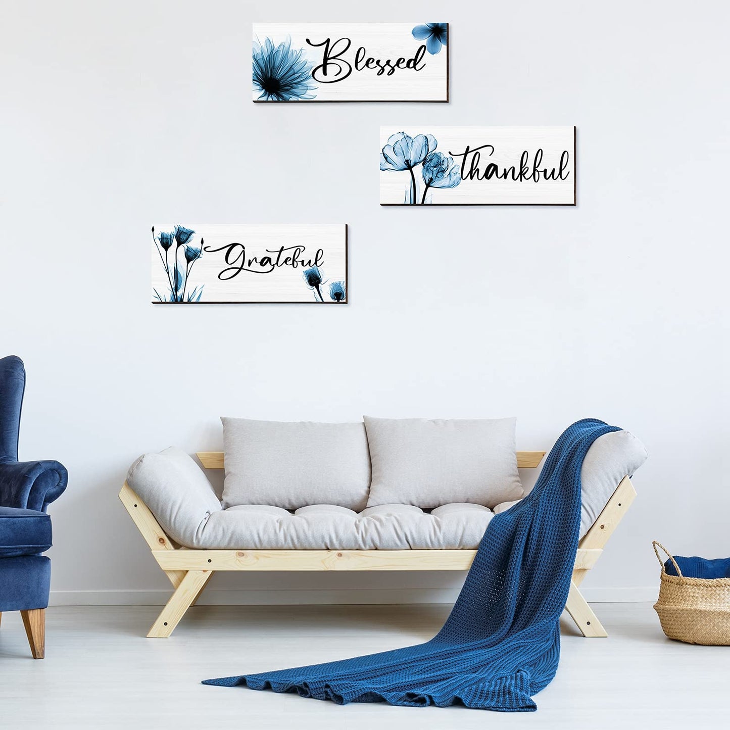 3 Pieces Thankful Grateful Blessed Wood Sign Wall Decor Positive Word Wooden Wall Plaque with Flower Thanksgiving Quote Hanging Wall Sign Rustic Farmhouse Thankful Wall Art for Living Room (Blue)