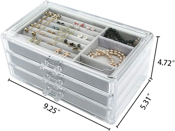 Acrylic Jewelry Box Organizer with 3 Drawers,Jewelry Organizer Velvet Jewelry Box Clear Jewelry Display Case for Women Earring Rings Bangle Bracelet and Necklace Holder Storage