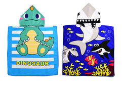 Lumsinker Kid Beach Towel Beach Swimming Hooded Bath Towel Bathrobe 2Pcs Blue Shark Dinosaur