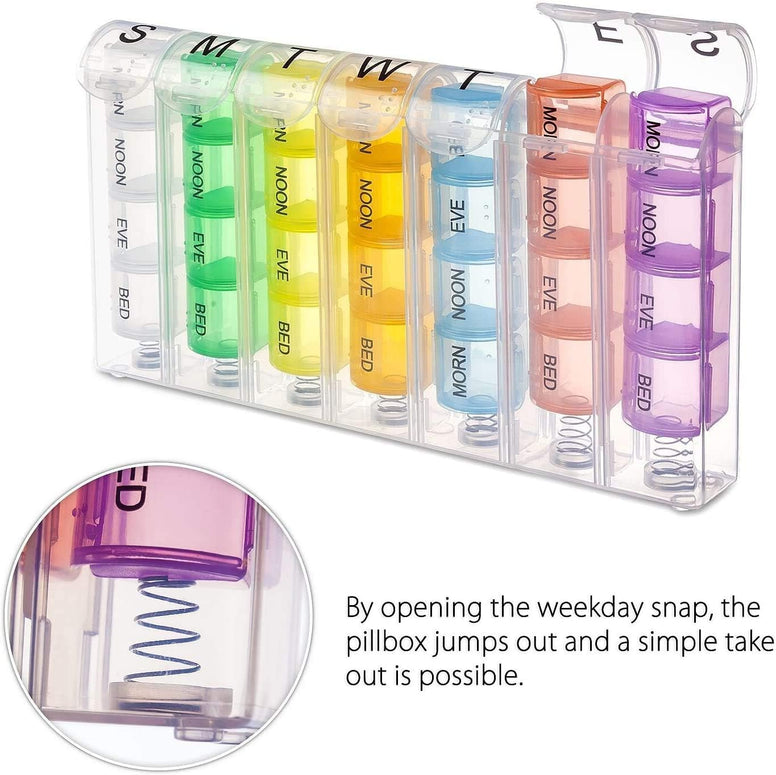 Bingcute Pill Box 7 Day Dispenser - Large Weekly Medicine Organiser with Portable Weekdays [4 Individual Storage Cells] Colour Coded Tablet Container 7 Day Pill Organizer Case