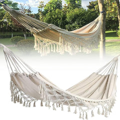 GT Double Deluxe Hammock Swing Hammock Garden Cotton Fabric Elegant Fringed,Double Deluxe Hammock Swing Net Chair with Tree Rope and Bag for Outdoor & Wedding Party Decor,White,240X150cm