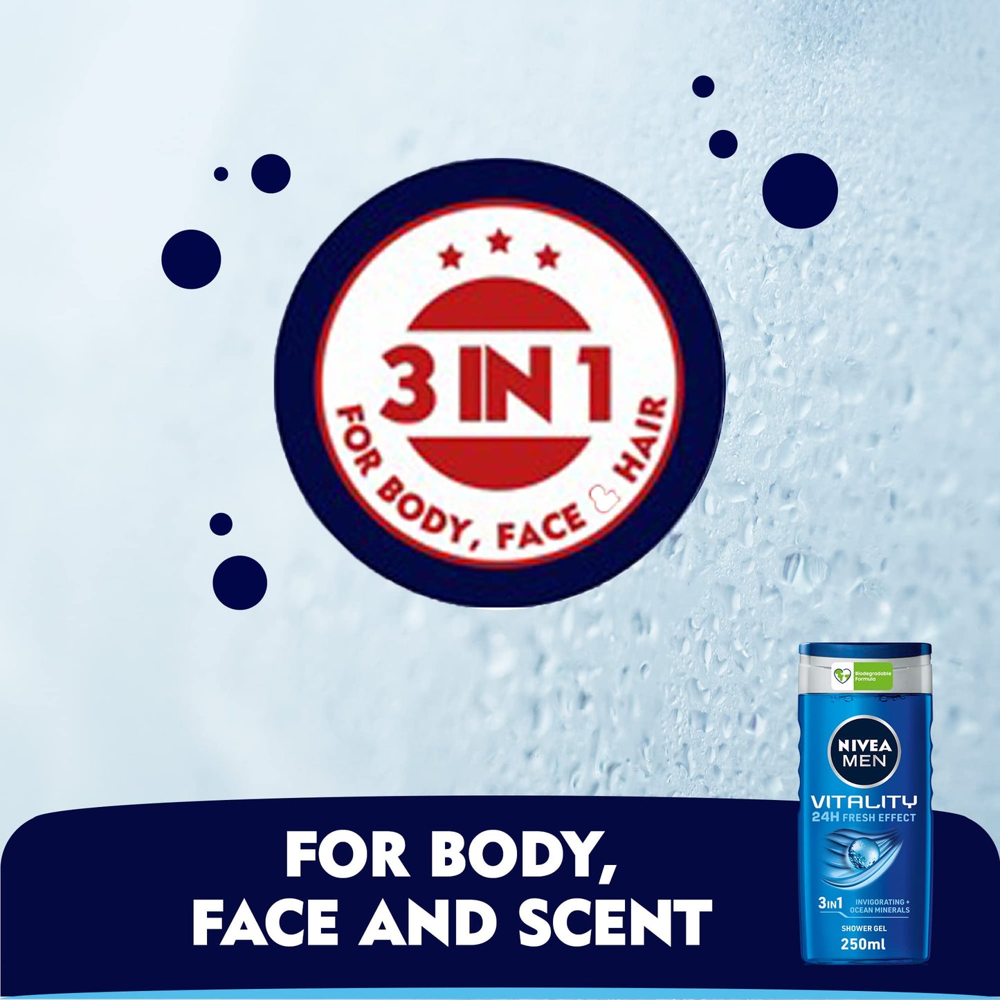 NIVEA MEN 3in1 Shower Gel Body Wash, Vitality Fresh Masculine Scent, 250ml
