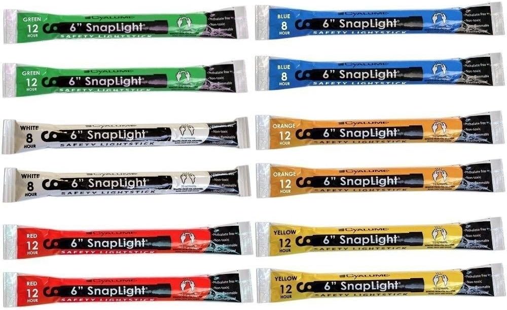 Cyalume SnapLight 6" Industrial Grade Glow Sticks, Multi-Color 12 Pack (Green, White, Red, Orange, Yellow, Blue) Light Sticks