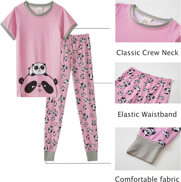 MyFav Babies, Toddlers and Girls' 4-Piece Snug Fit Cotton Pajama Set, Print Short Sleeve Loungewear