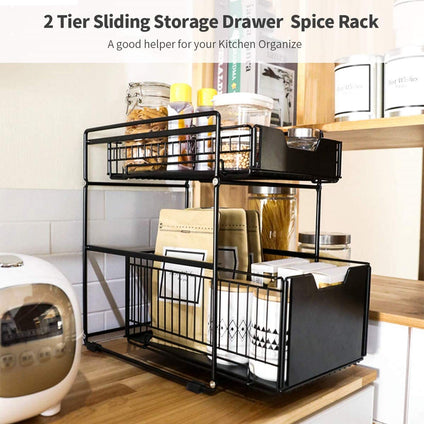 U-HOOME Spice Rack Organizer for Countertop, 2 Tier Metal Drawer Seasoning Shelf Storage for Cabinet, Sliding Basket Under Sink Organizer for Kitchen, Pantry,Bathroom,Office (Black)