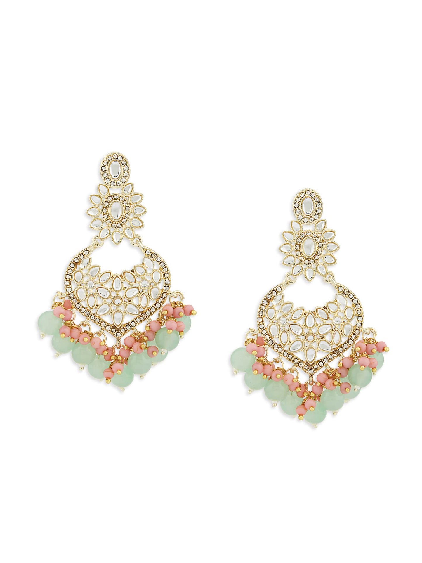 ZAVERI PEARLS Green & Pink Cluster Beads Kundan Ethnic Dangle Earring For Women-ZPFK13547