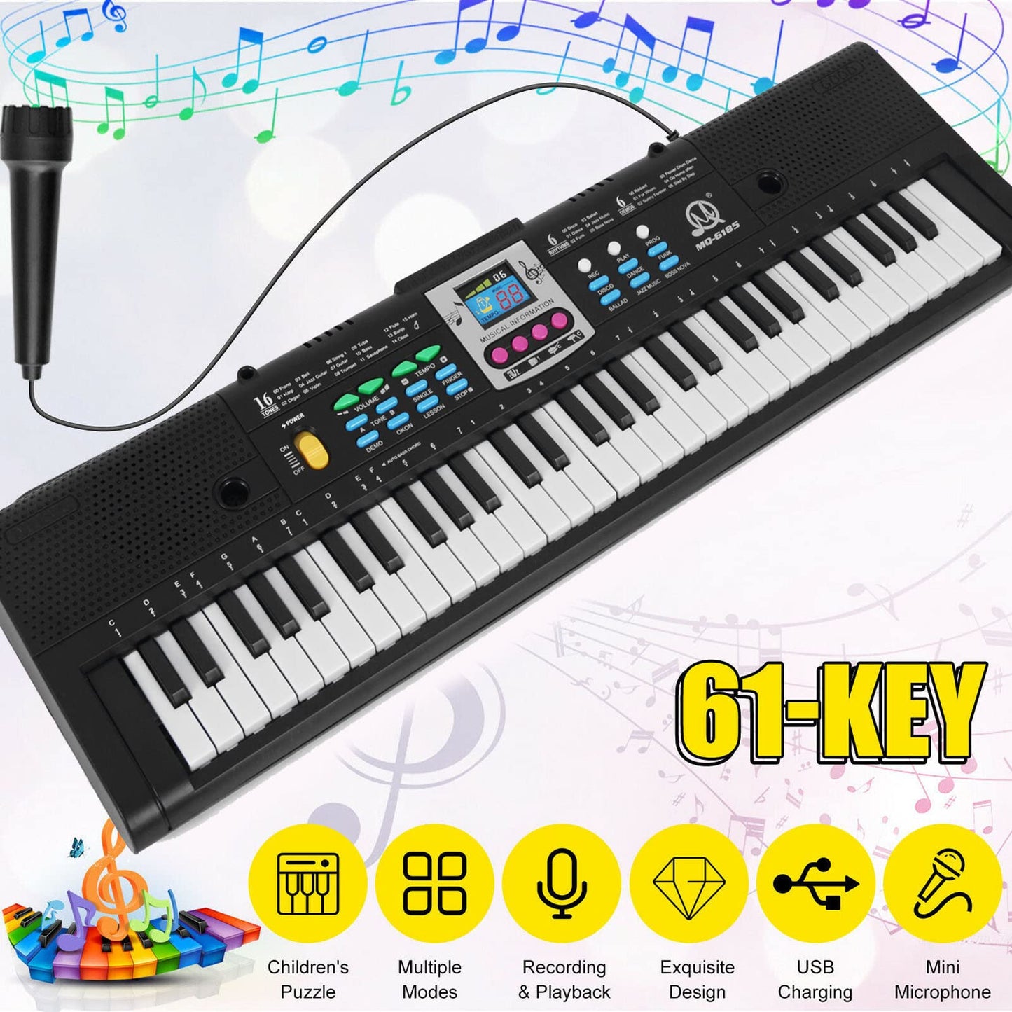 Musical Instrument, 61 Keys Digital Music Electronic Keyboard Kids Multifunctional Electric Piano for Piano Student with Microphone Function Musical Instrument
