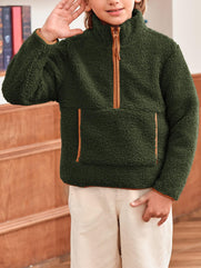 Haloumoning Boys Half Zip Up Sherpa Sweatshirts Kids Fashion Color Block Fleece Pullover Clothes With Pockets 5-14 Years