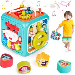 AM ANNA 6 in 1 Baby Activity Cube, Busy Learning Activity Cube Toy Bead Maze Shape Sorter with Music and Lights,Montessori Early Development Learning Toys for Toddler 1 Year Old Boy and Girl Gift