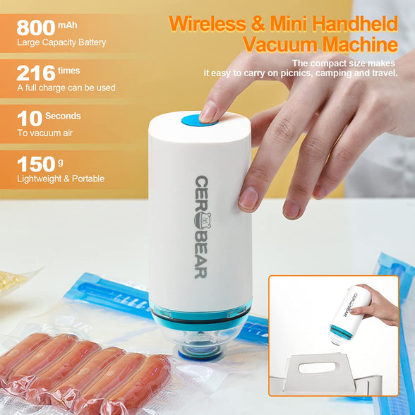 CEROBEAR Portable Food Vacuum Sealer Machine with 10Pcs BPA-Free Reusable Sous Vide Bags Rechargeable Mini Handheld Food Storage for Preservation Cooking