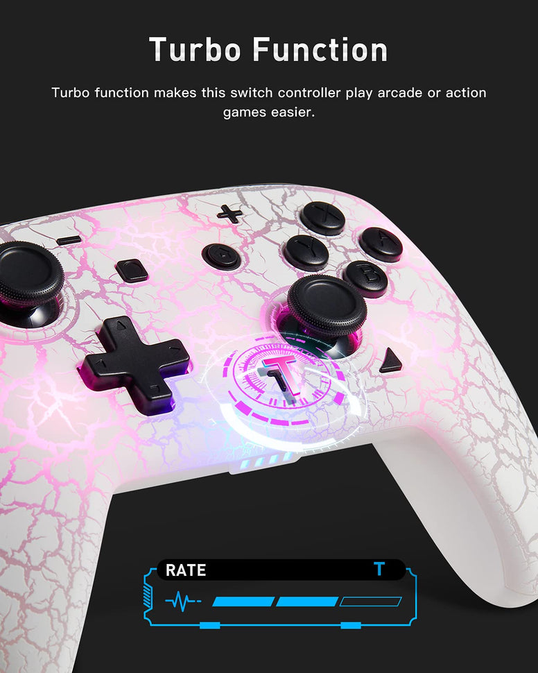 BlNBOK Switch Controller, Wireless Switch Pro Controller for Switch/Switch Lite/Switch OLED, 8 Colors Adjustable LED Wireless Remote Gamepad with Unique Crack/Turbo/Motion Control (White)