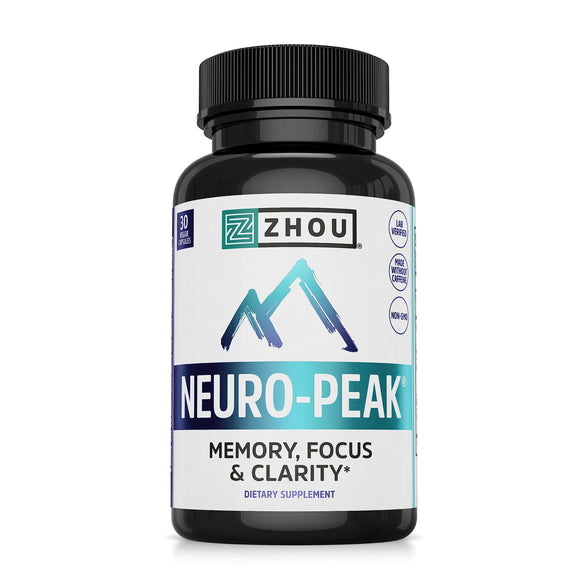 Zhou Neuro Peak Brain Support Supplement | Memory, Focus & Clarity Formula | DMAE, Rhodiola Rosea, Bacopa Monnieri, Ginkgo Biloba & More | 30 VegCaps