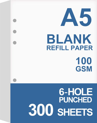 (3-Pack) A5 Blank Paper, Refills for Filofax Planner, Organizer, Binders, 6 Hole Punched, Total 300 Sheets/600 Pages, 100gsm, White, 5.8 x 8.2 Inch