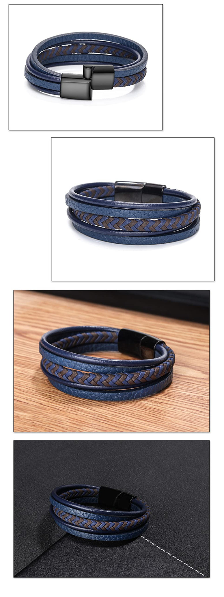 Goodern Mens Leather Bracelet Cowhide Braided Leather Mens Bracelet Leather Bangles Magnetic-Clasp Braided Multi-Layer Wrap Mens Bracelet Blue Braided Leather Wristband Bracelet Great Gift for Men